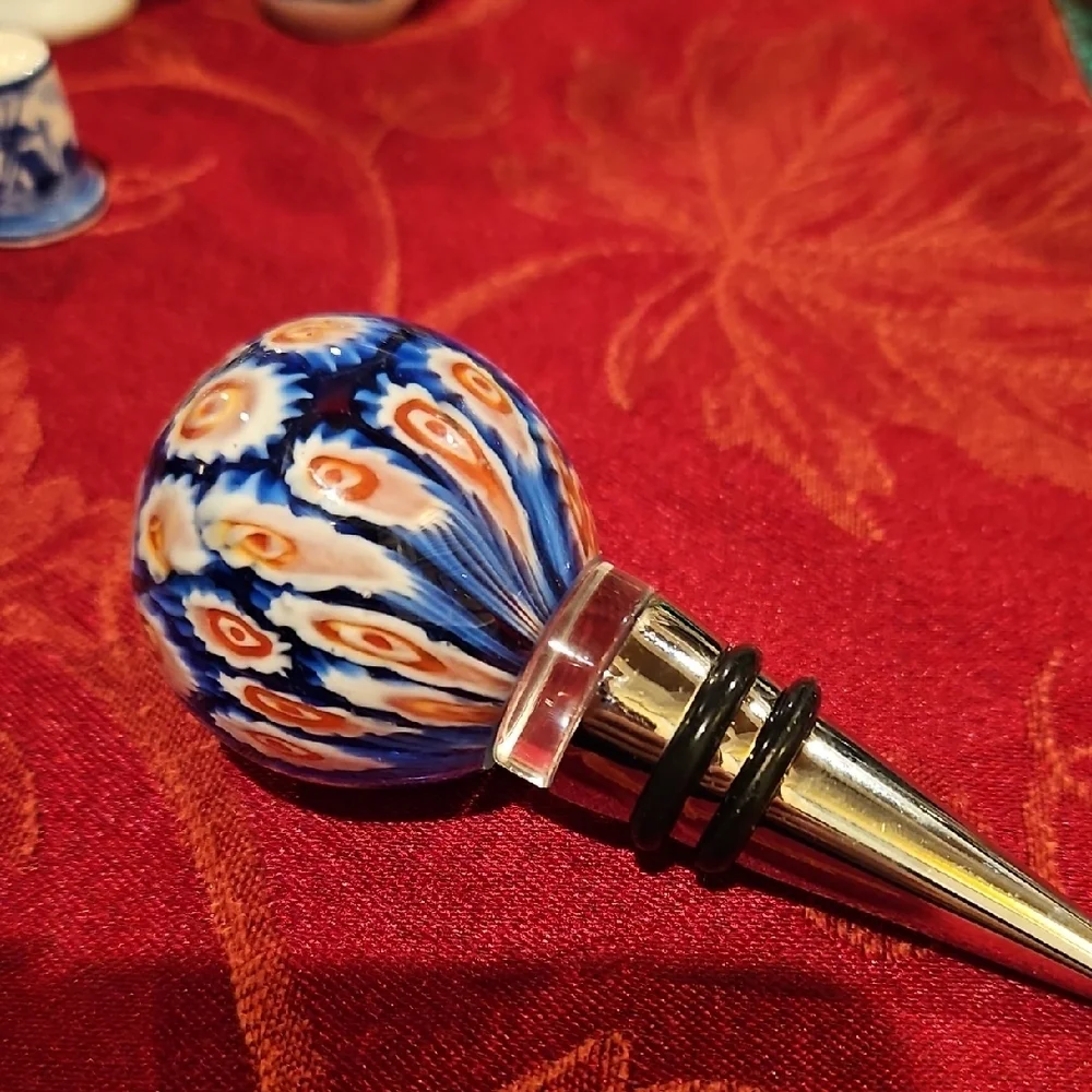 Stunning Murano Style Millefiori Blown Glass Wine Bottle Stopper, Red White Blue